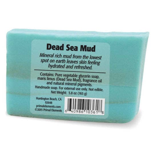 Back view of Dead Sea Mud Soap packaging with label highlighting mineral-rich ingredients, cruelty-free and vegan