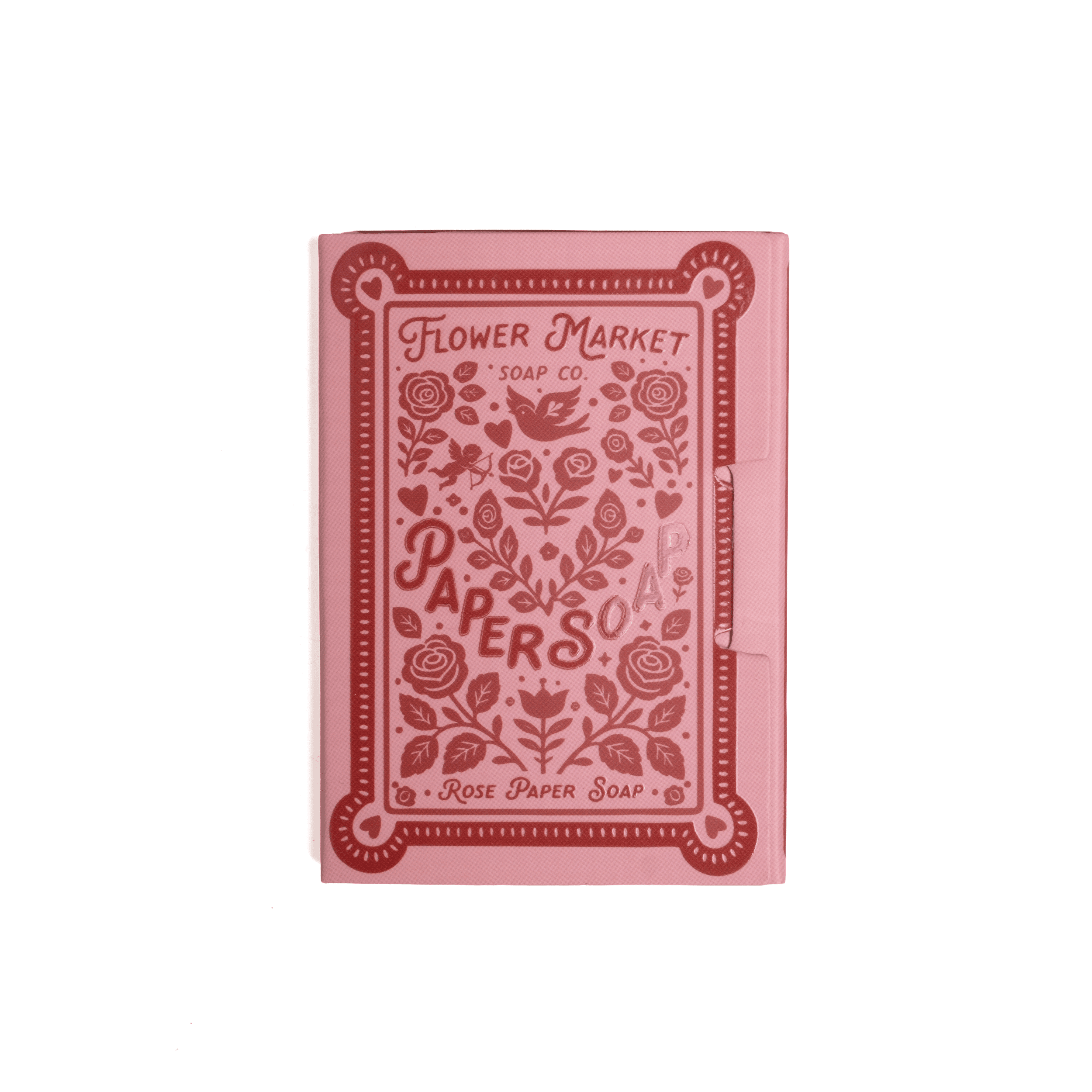 Pink packaging of Love Edition Paper Soap with rose and bird illustrations, containing 50 rose-scented paper soap sheets for travel use.
