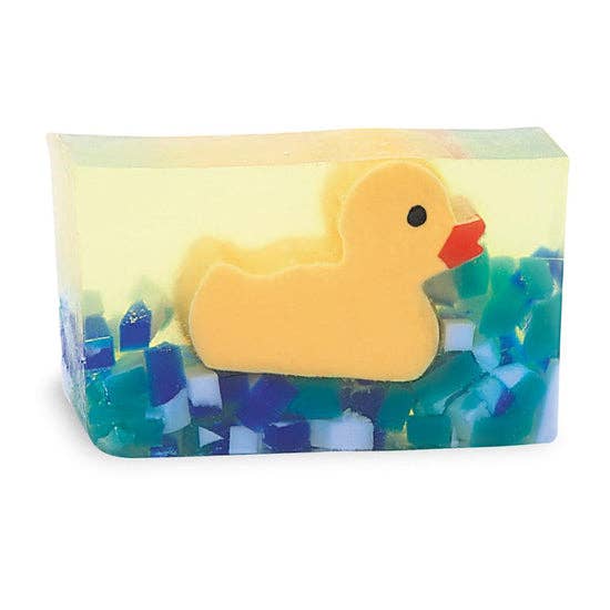 Yellow rubber duck-shaped handmade fruity soap with colorful gel-like beads inside, designed for gift-giving and self-care