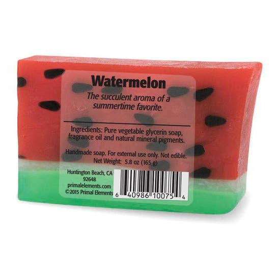 Back view of watermelon glycerin soap with label showing ingredients, barcode, and product details, 5.8 oz size
