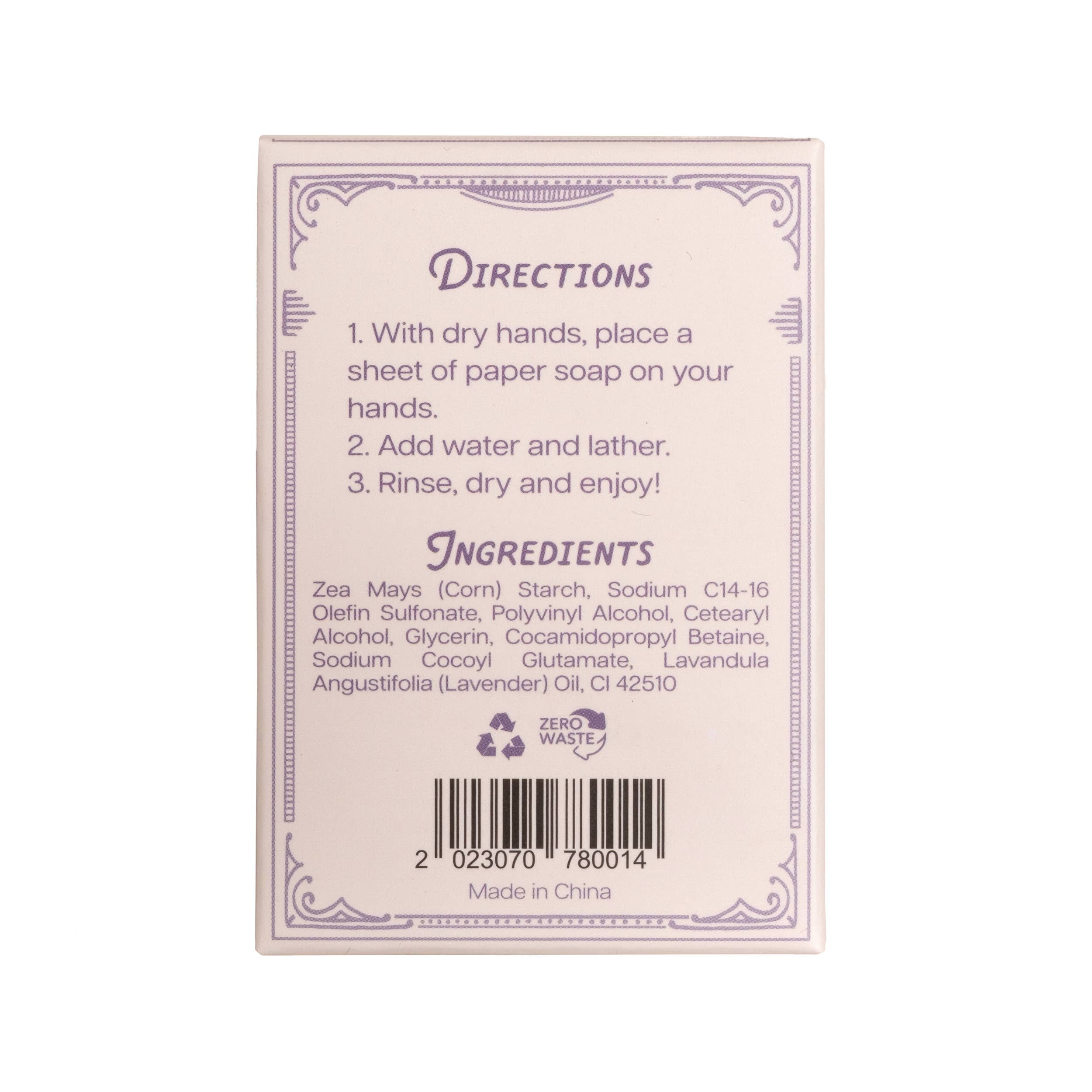Back of lavender paper soap box with instructions for use, barcode, and barcode number, made in China, eco-friendly packaging