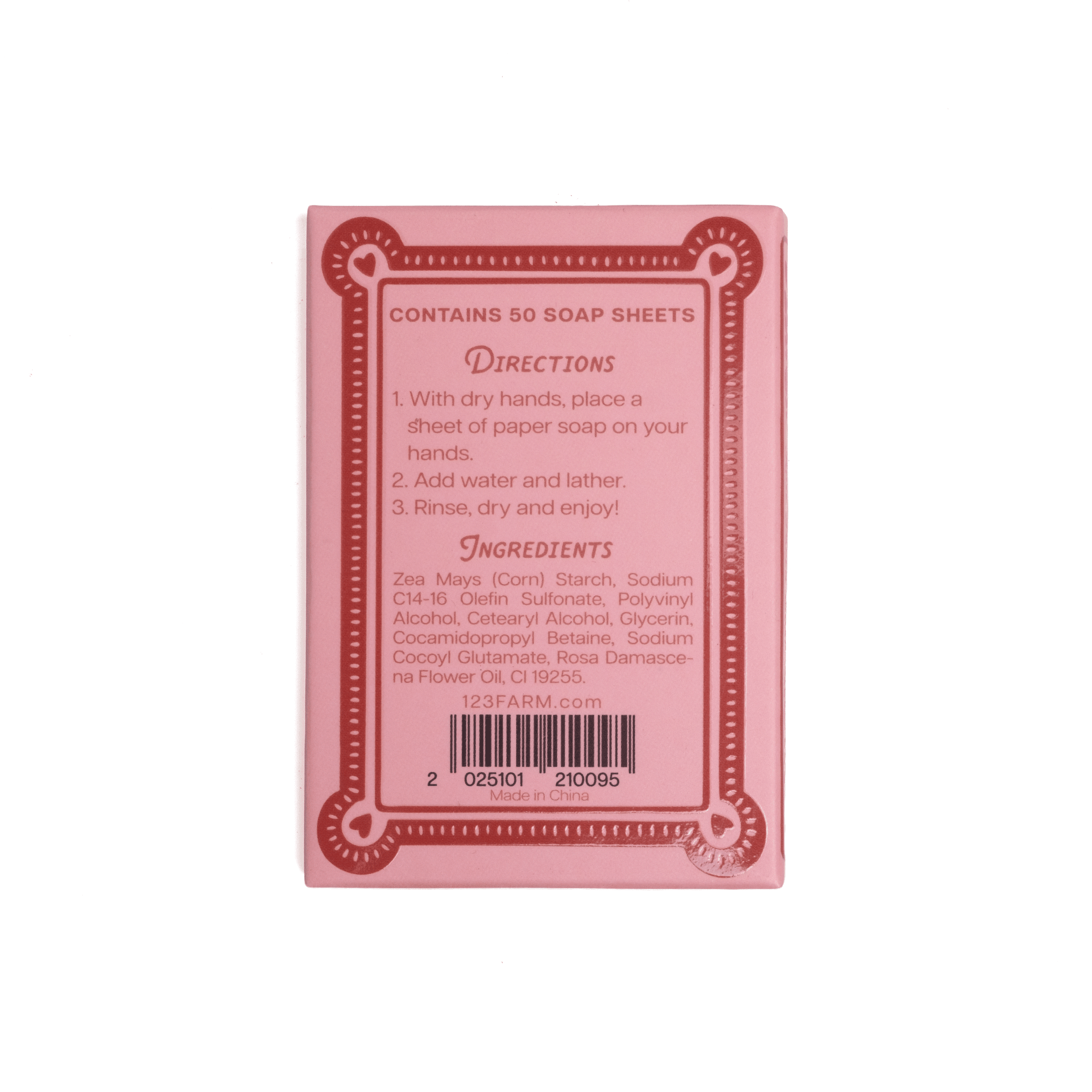Back of pink Love Edition Paper Soap box showing ingredients list, barcode, and barcode number, made in China.