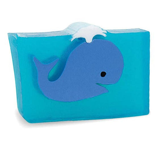 Blue whale-shaped handmade glycerin soap in vibrant blue color with whale illustration, perfect for moisturizing bath use