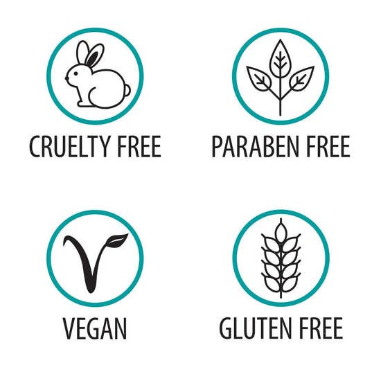Icons indicating cruelty-free, paraben-free, vegan, and gluten-free soap, with symbols of a rabbit, leaves, V, and wheat