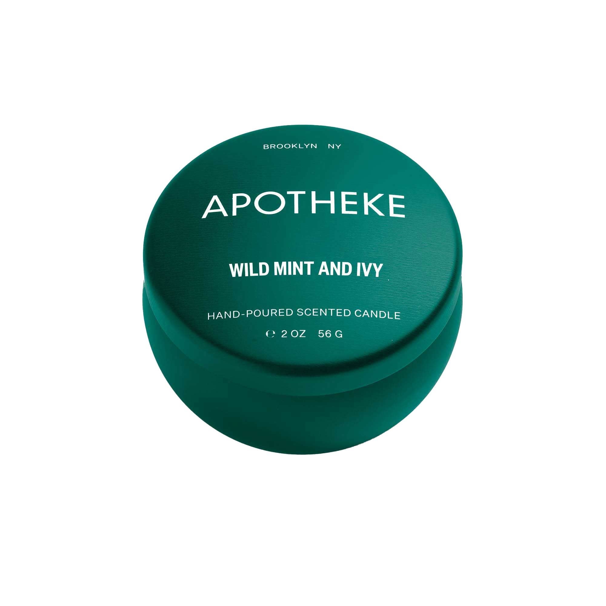 Wild Mint Ivy Mini Scented Candle in a teal soy wax container, portable size, perfect for small spaces, with botanical decor around