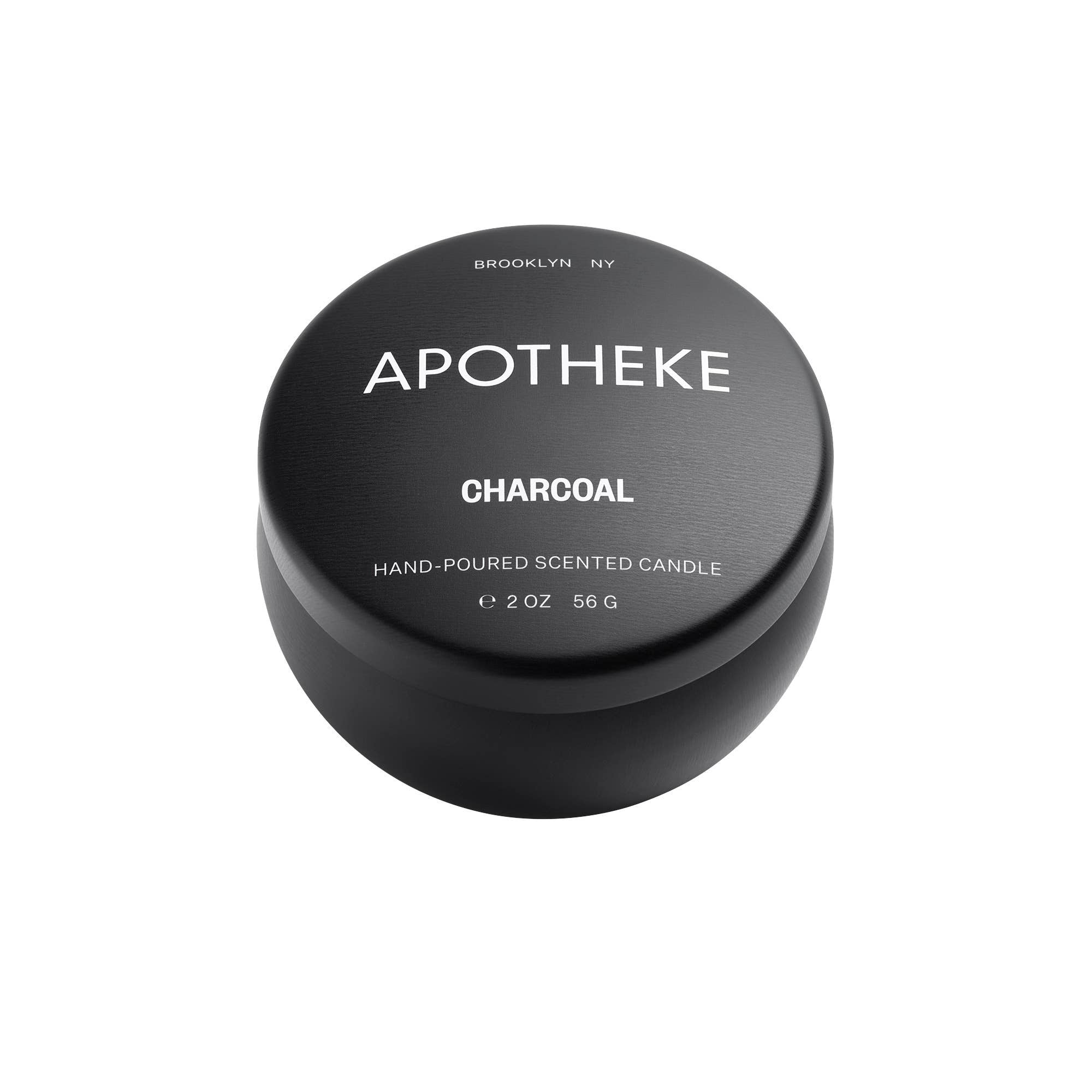 Black luxury scented charcoal mini candle in a portable tin with white text, perfect for home decor and small spaces