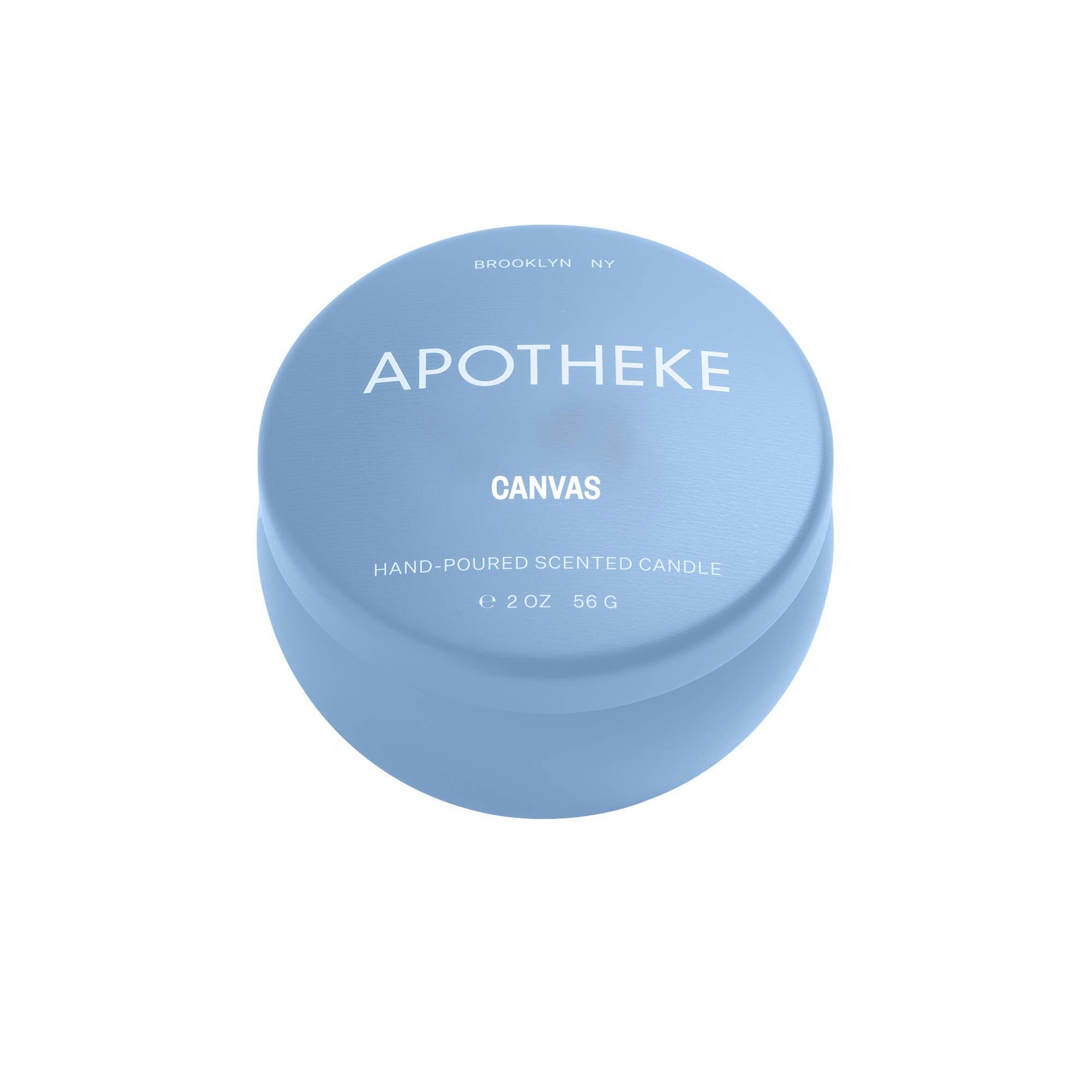 Light blue round candle container with white text reading 'APOTHEKE' and 'CANVAS', made of premium soy wax, small size, home decor