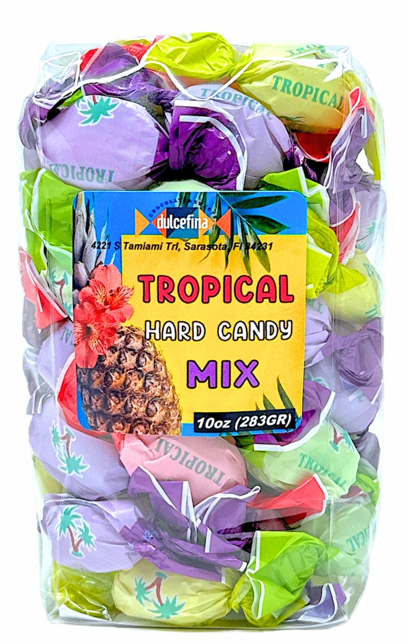 Colorful tropical hard candies in assorted fruit flavors wrapped in vibrant paper, 10 oz bag for fruity treat lovers