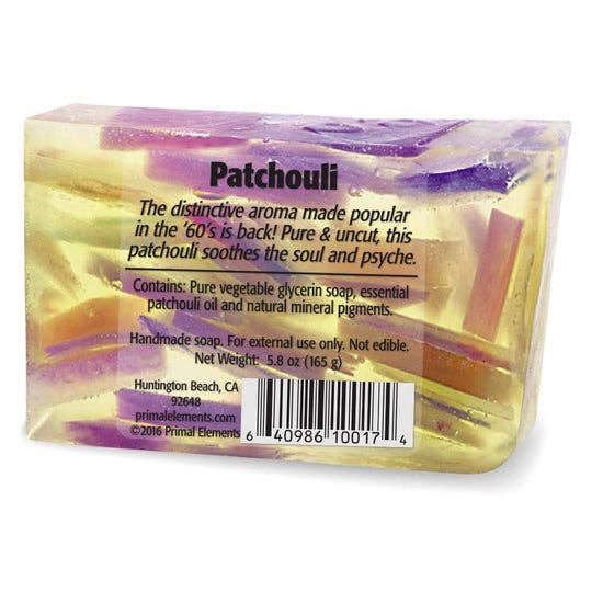 Back view of patchouli soap packaging with label describing benefits, ingredients, and net weight, SKU: 9136724801