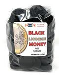 Black licorice coins in clear plastic bag with Euro coin illustration and label, chewy licorice candies for money-themed events, 11oz net weight