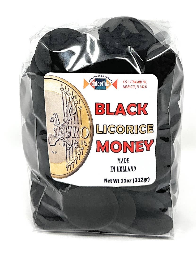 Black licorice coins in clear plastic bag with Euro coin illustration and label, chewy licorice candies for money-themed events, 11oz net weight