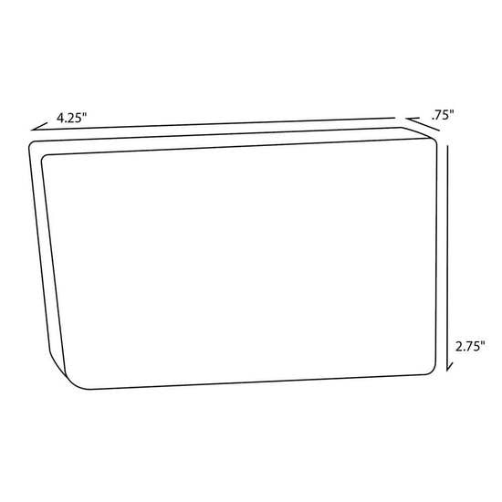 Line drawing of a rectangular handmade fruity soap with dimensions 4.25 x 0.75 x 2.75 inches, showing a slightly curved edge for self-care use.