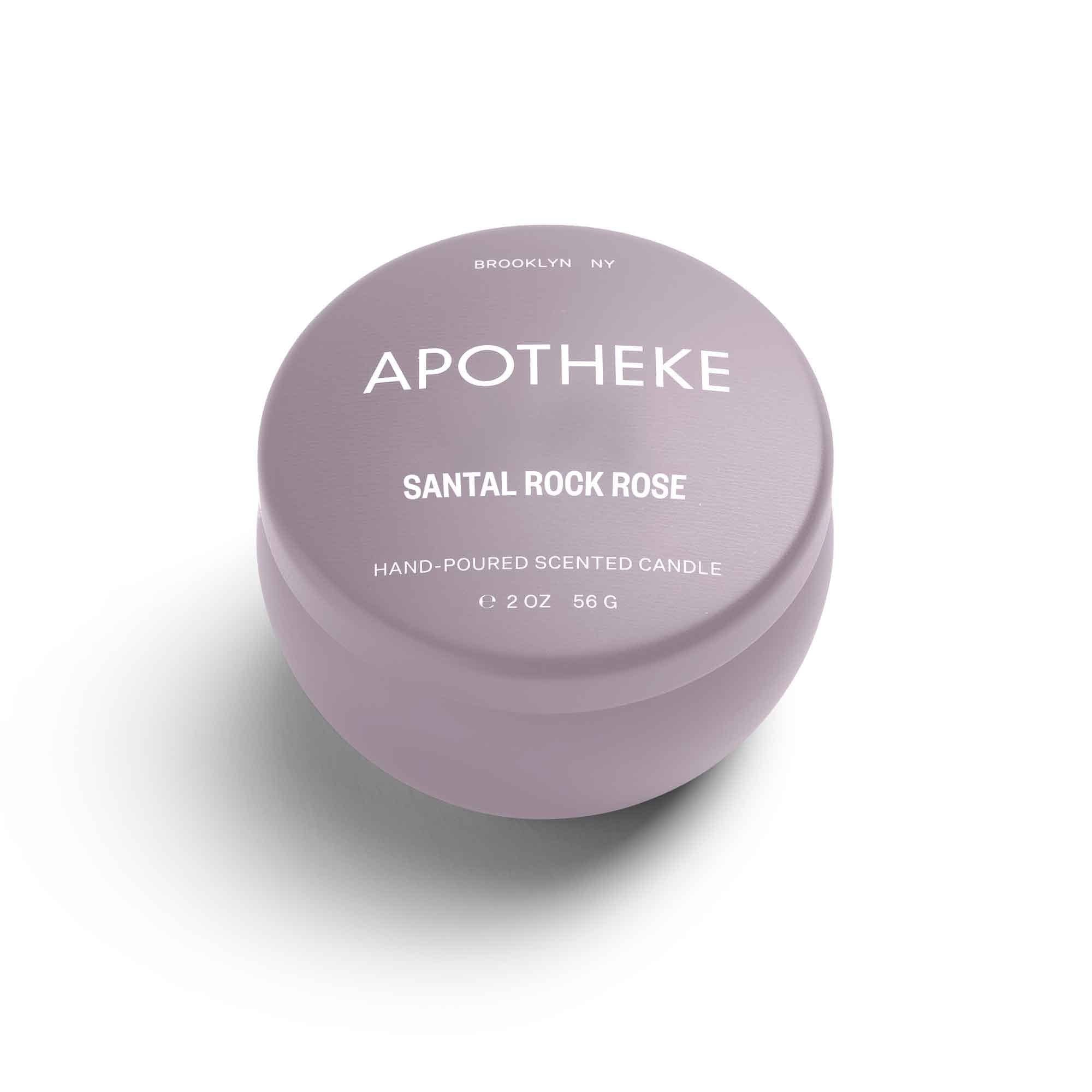 Santal Rock Rose Mini Candle in soft lavender color with white text, hand-poured scented candle with a clean burn, 2 oz size