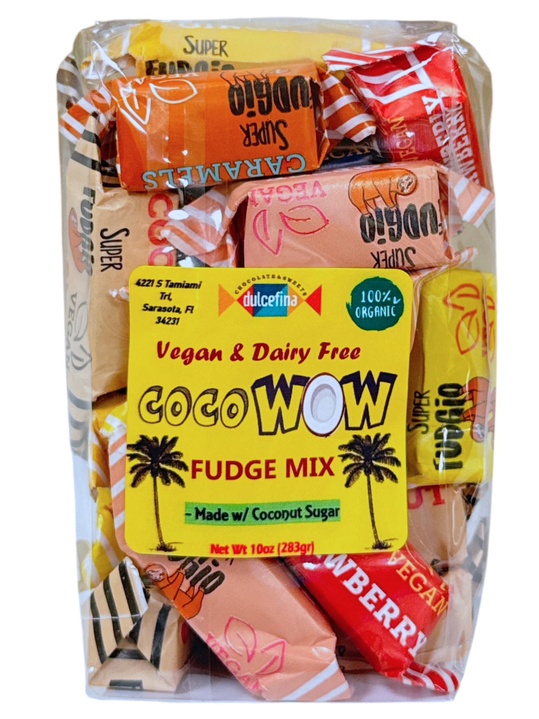 V+D Free Fudge Vegan Organic Candy Fudge Mix in colorful packaging with coconut sugar, tropical palm trees, and net weight details