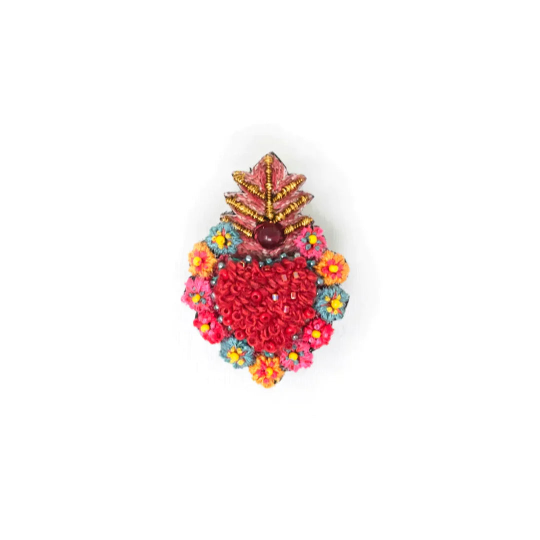 Vibrant embroidered brooch featuring floral and leaf motifs with beads and threadwork, perfect for nature lovers and collectors.