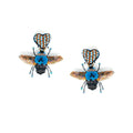 Beaded bee-shaped earrings with black, blue, and beige beads, featuring heart-shaped antennae and intricate wing details, handmade jewelry