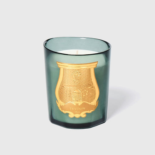 Elegant green glass candle holder with gold emblem featuring Trudon logo, designed for home fragrance and decor, SKU: CH2155X