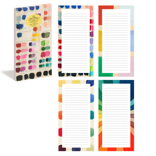 Set of colorful notepads with abstract watercolor designs, lined pages, and vibrant border patterns for office or note-taking
