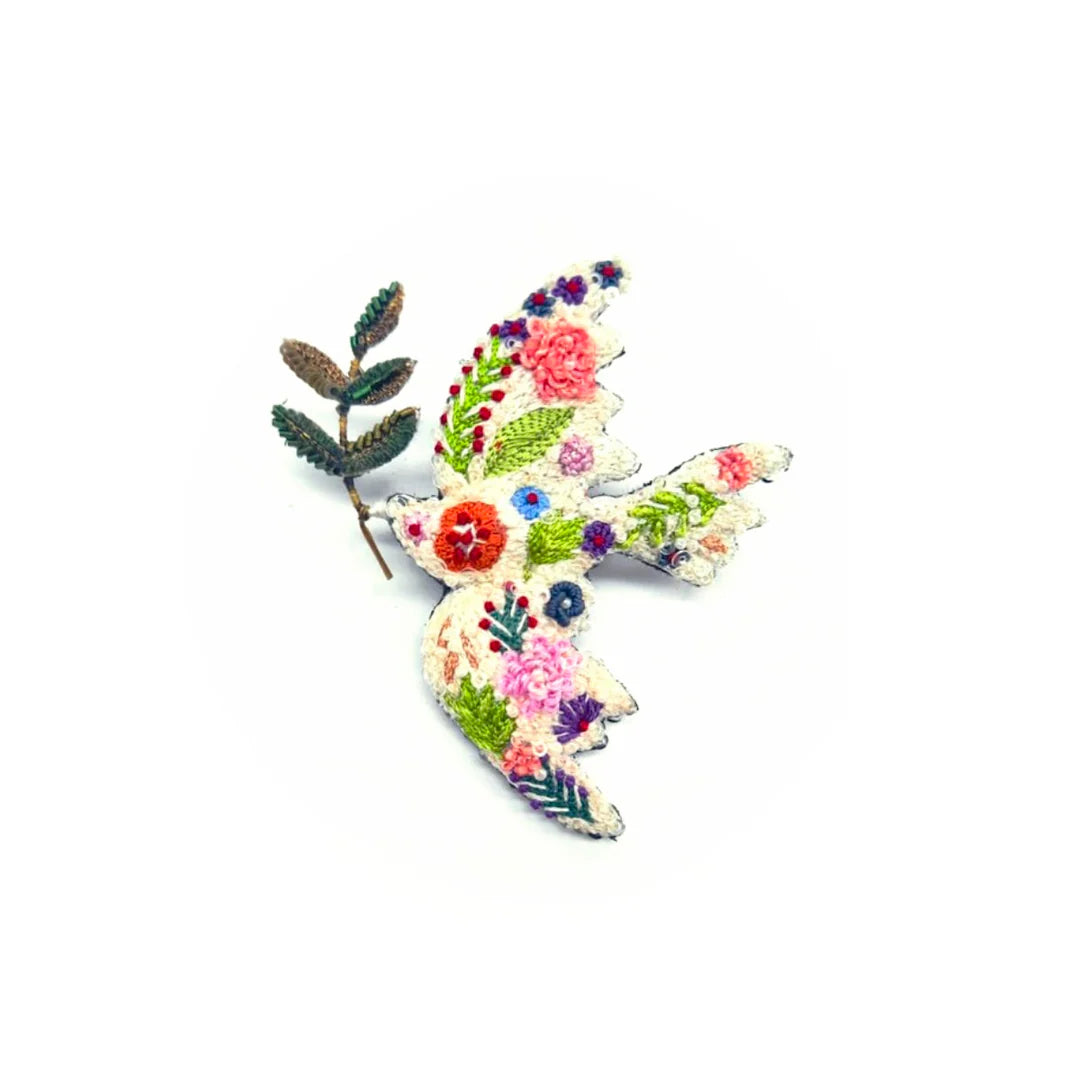 Colorful handcrafted artisan fauna brooch with embroidered floral details, white background, includes green leaf and pink flower accents - SKU: 21285711