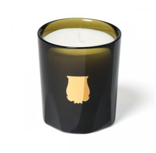 Close-up of black glass Trudon Cyrnos candle with gold emblem, cylindrical design, aromatic citrus and lavender scent, SKU: 3003730049