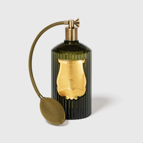 Elegant green glass room spray bottle with gold label and gold atomizer, designed for home fragrance, SKU: 20607
