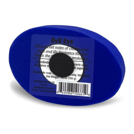 Back view of blue evil eye glycerin soap with barcode and product details, handmade moisturizing protection soap, cruelty-free, vegan