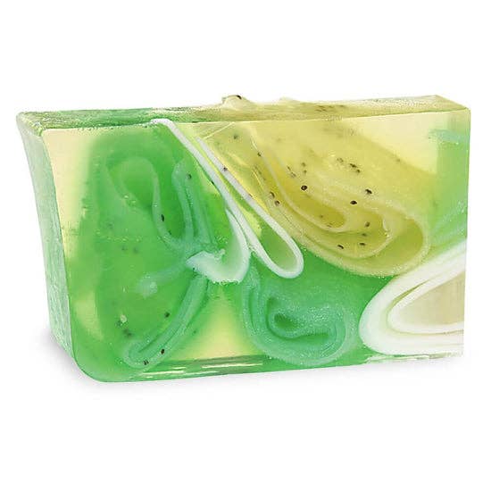 Rectangular soap bar with green, yellow, and white swirls, showcasing a colorful, handcrafted design for skincare use.