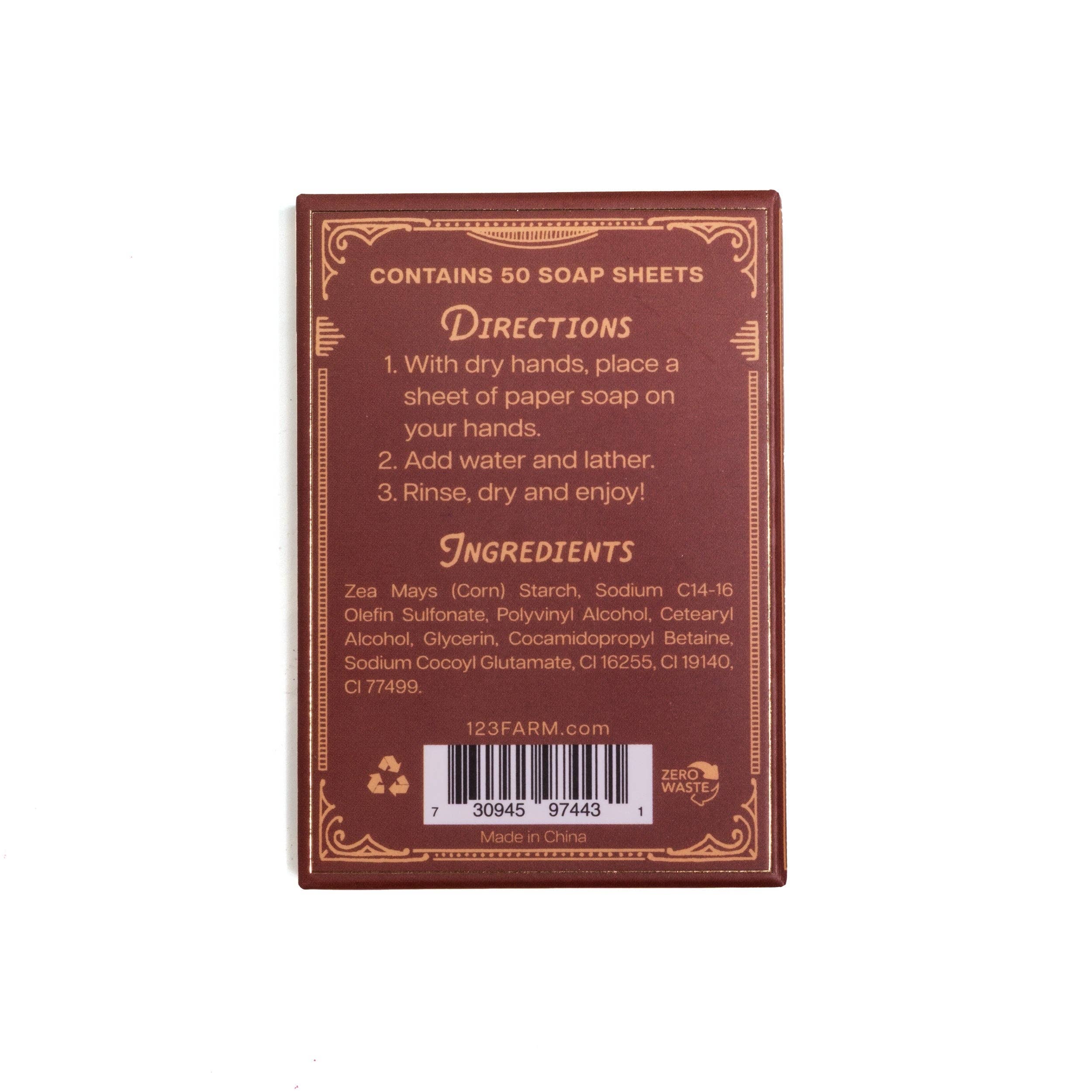 Back view of maroon box of Grand Canyon Paper Soap showing ingredients list, barcode, and recycling symbols, made in China