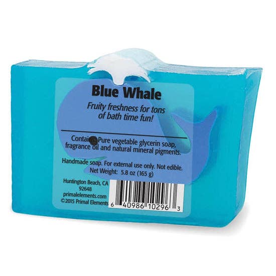 Back view of blue whale soap with label highlighting vegan, cruelty-free, paraben-free, and gluten-free ingredients