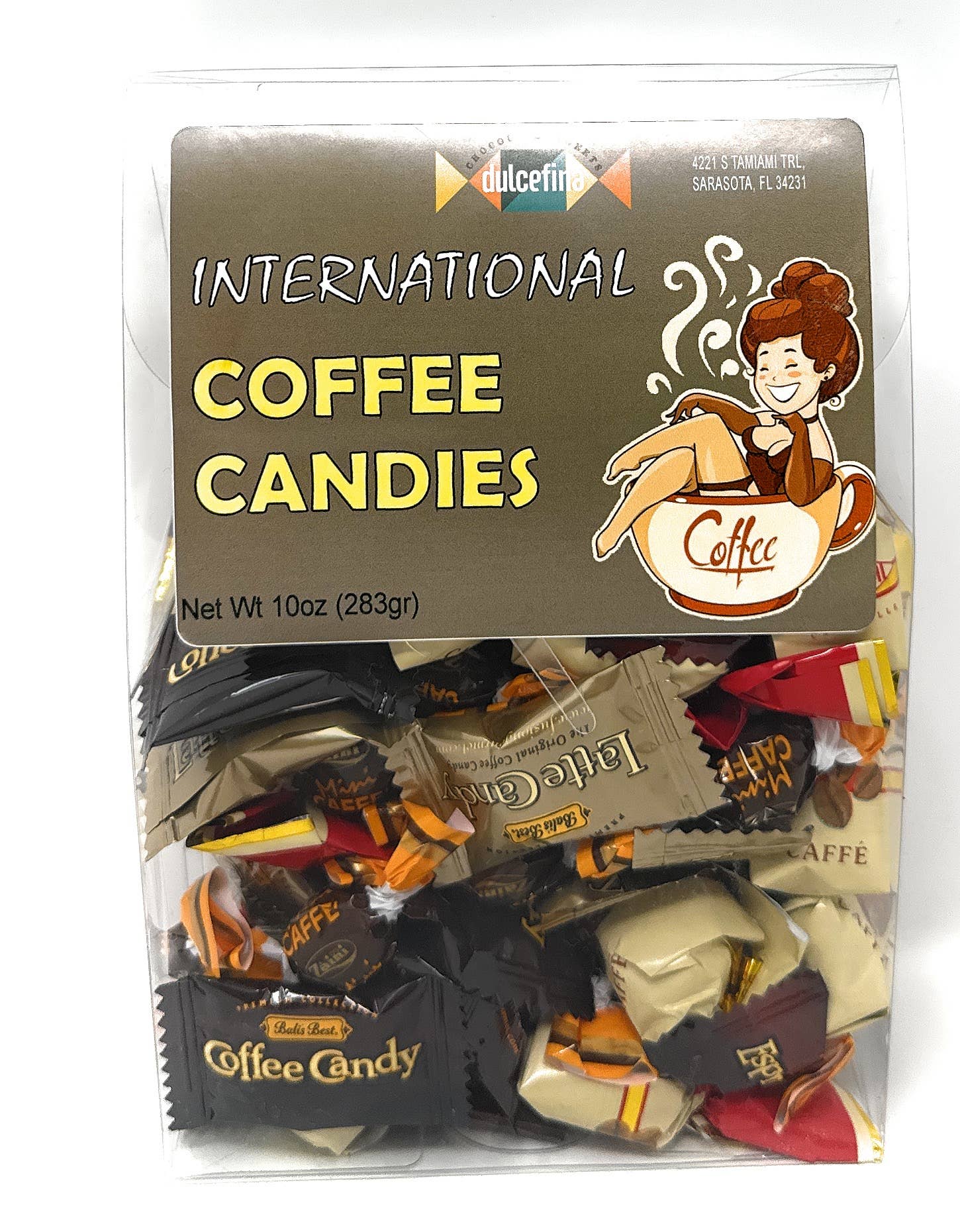 Clear plastic gift box filled with assorted coffee-flavored candies wrapped in black, red, and beige packaging, featuring a cartoon woman in a coffee cup illustration, SKU: mxcof-b5