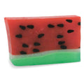 Watermelon-shaped glycerin soap bar with red and green layers, black seed details, and smooth texture, ideal for moisturizing skin