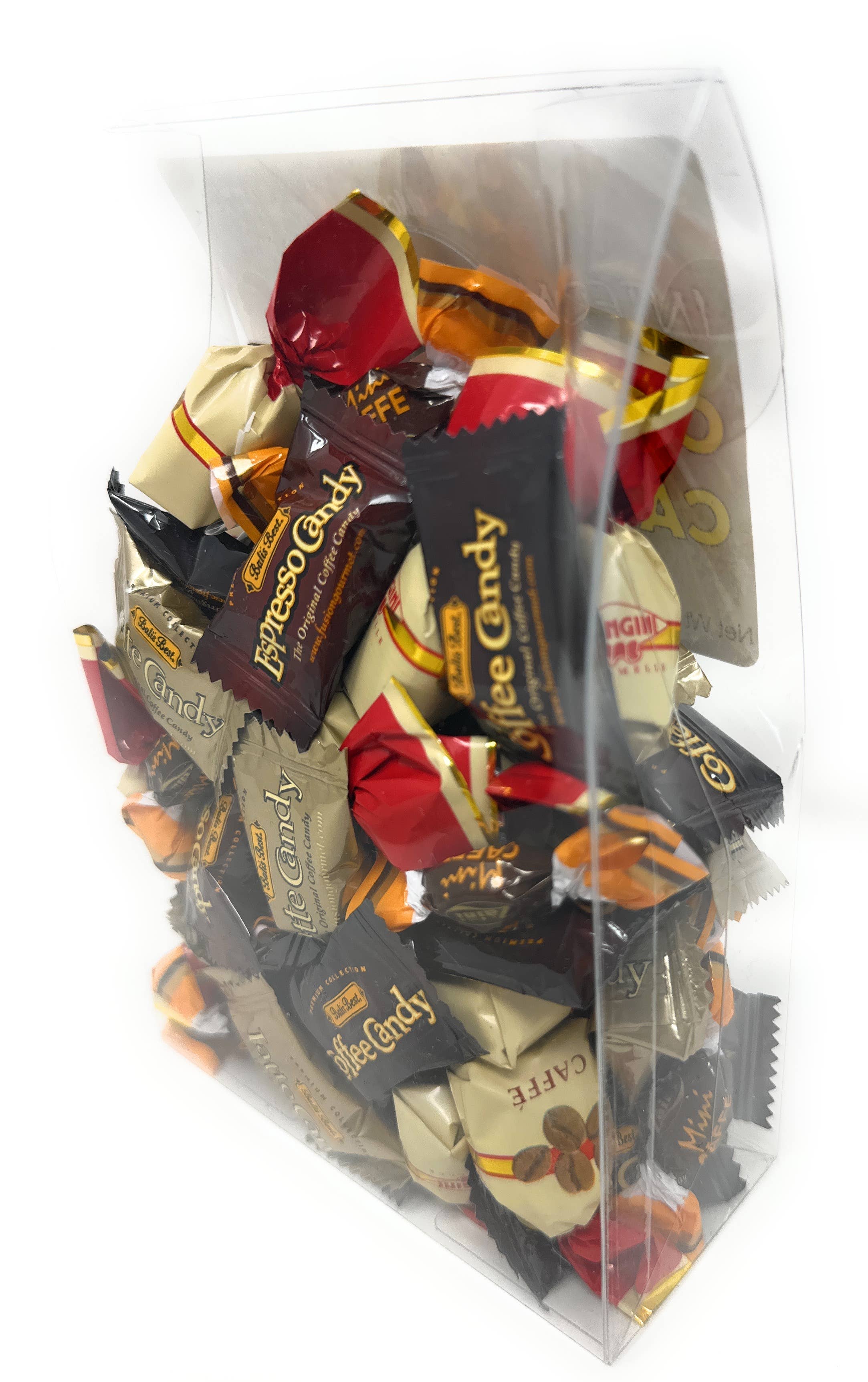 Close-up of assorted coffee candy wrappers in a transparent gift box, showing black, red, and beige packaging with coffee branding, SKU: mxcof-b5