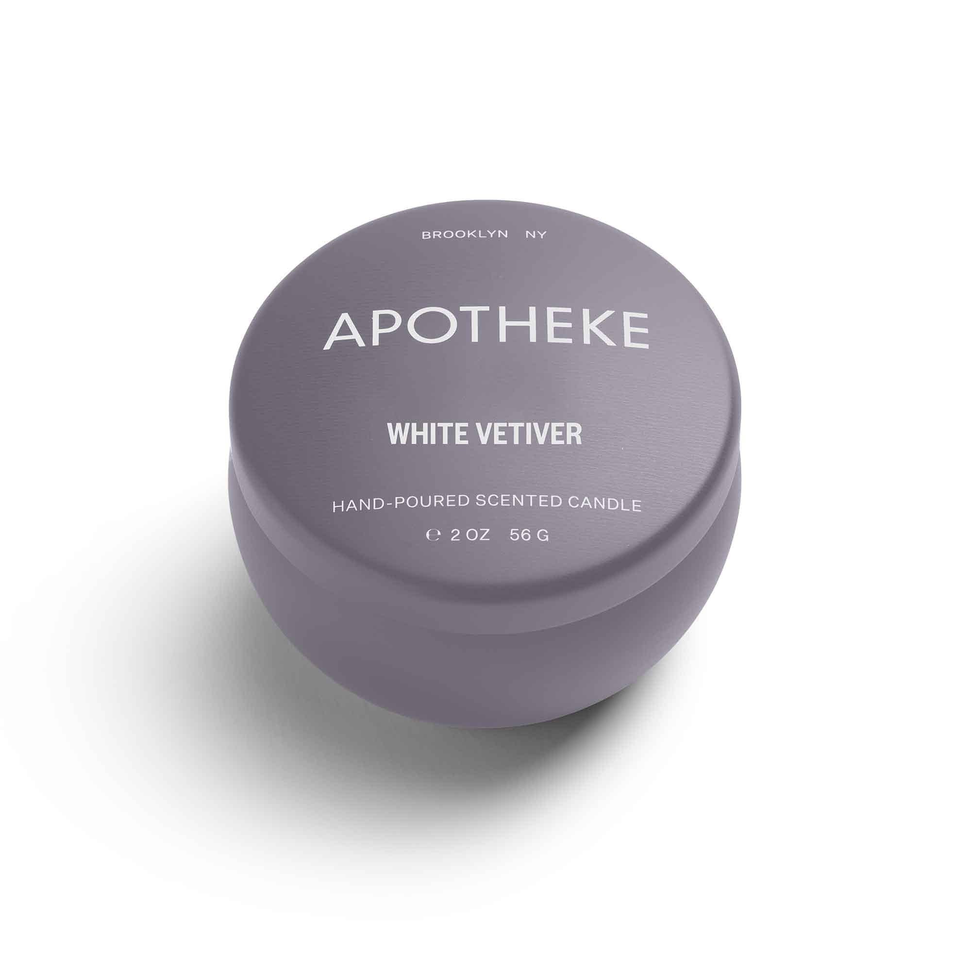 White Vetiver mini candle in a round container made of soy wax, with a clean burn, ideal for small spaces, SKU: AP10-WV21