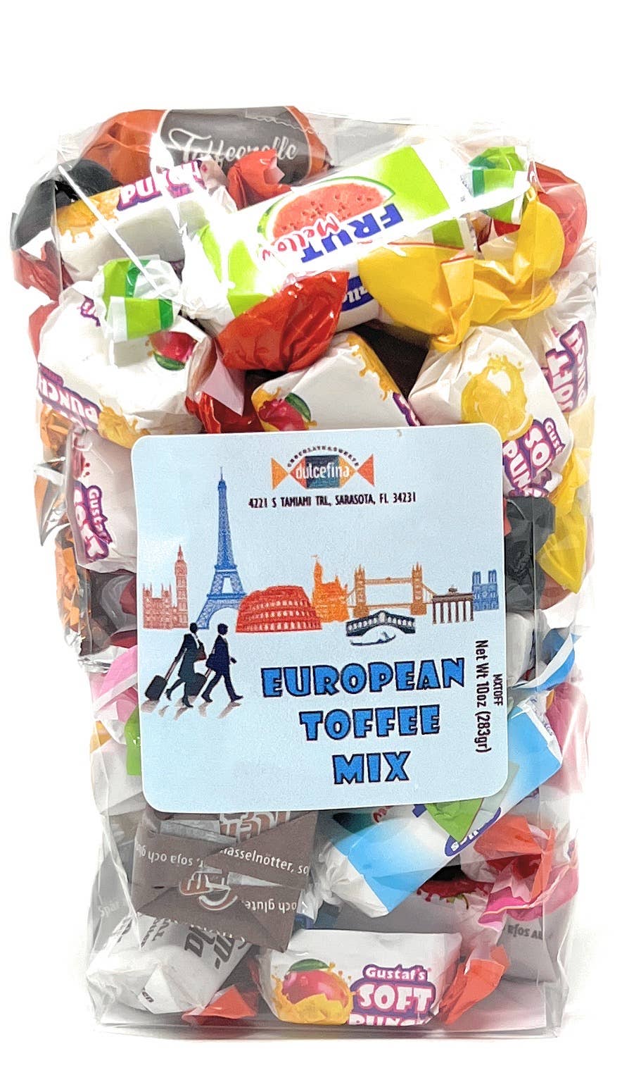 Assorted European toffee mix in colorful wrapped candies inside a clear plastic bag with a label featuring iconic European landmarks, 10oz net weight.