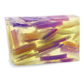 Rectangular handcrafted patchouli soap with purple and yellow swirls, transparent appearance, for skincare, SKU: 9136724801