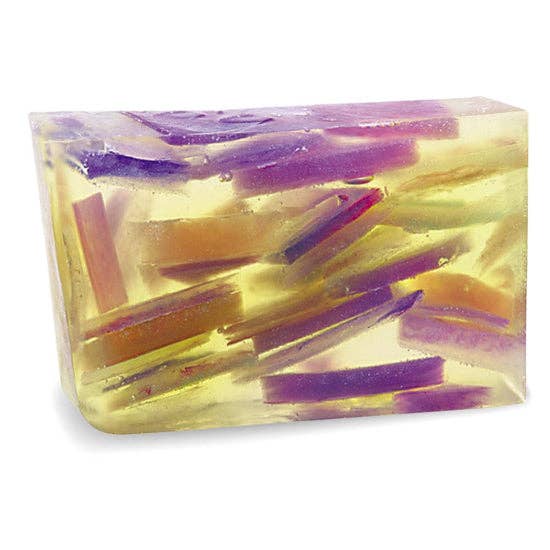 Rectangular handcrafted patchouli soap with purple and yellow swirls, transparent appearance, for skincare, SKU: 9136724801