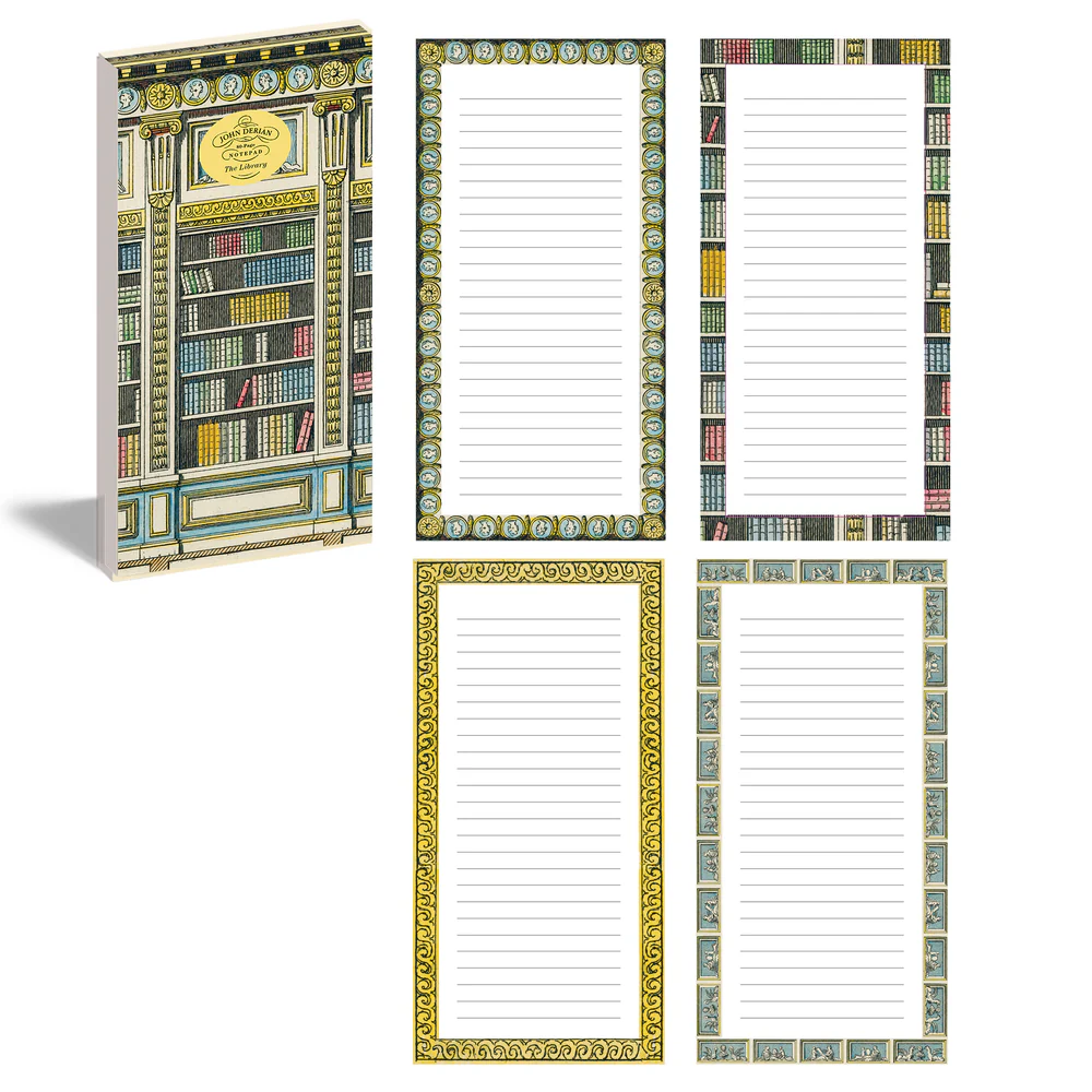 Assorted library-inspired notepads with detailed bookcase and library illustrations, lined pages, and ornate borders