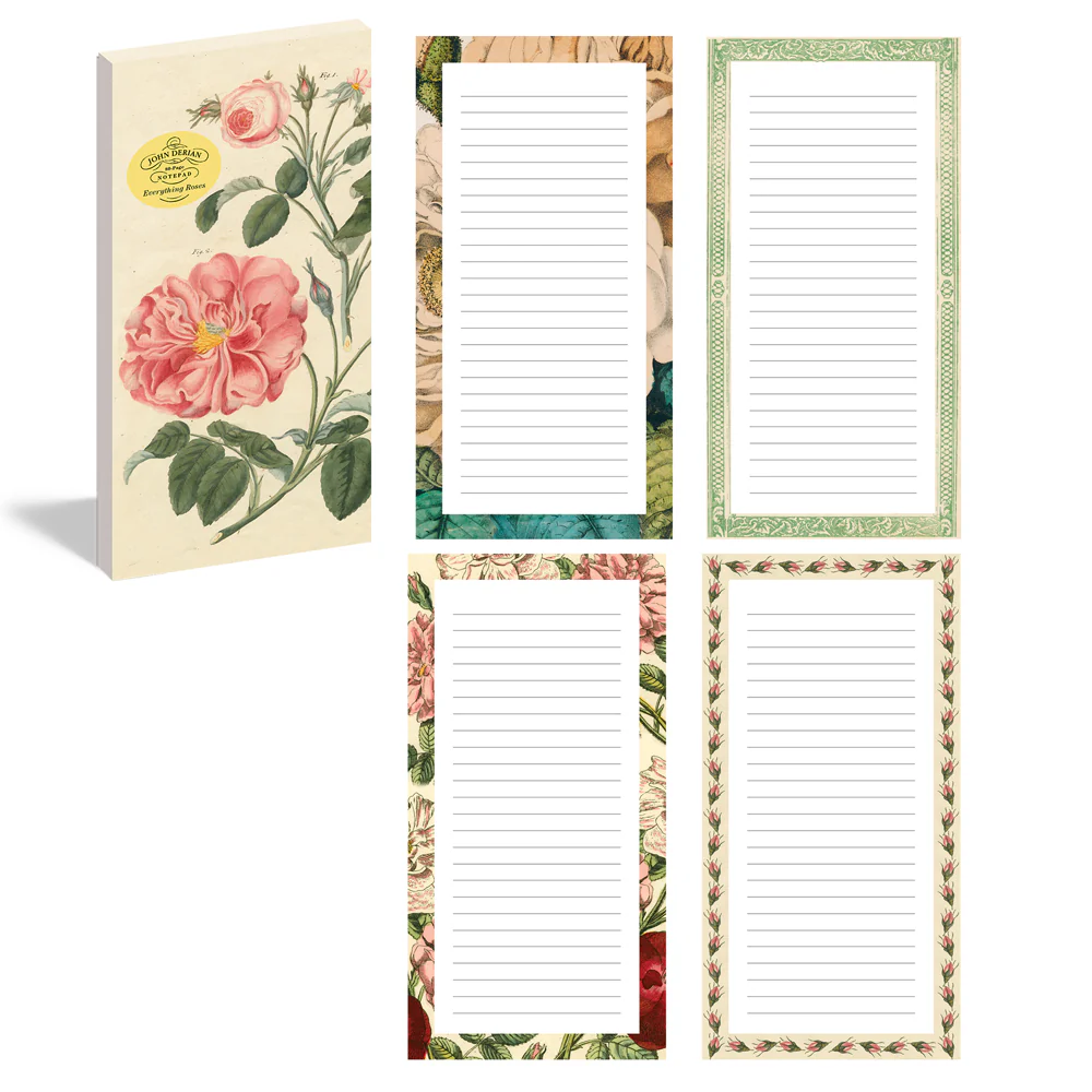 Collection of floral-themed notepads with lined pages and decorative borders, featuring roses and botanical illustrations